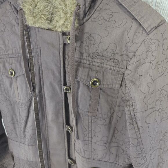 Vintage Billabong Women’s Medium Gray Long Overcoat Jacket Fur Hooded - Picture 5 of 10